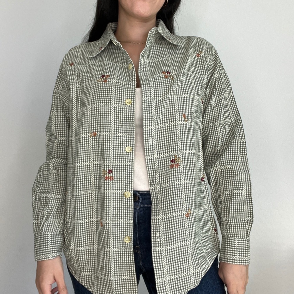 Premier International Button Down Shirt Womens Size M Green Gingham Floral 90s
